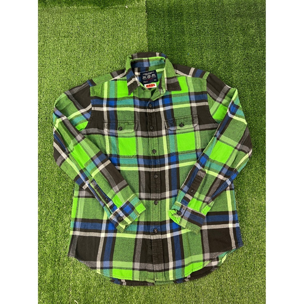 American Eagle Mens Athletic Fit Plaid Flannel Shirt Green Blue Black Size M